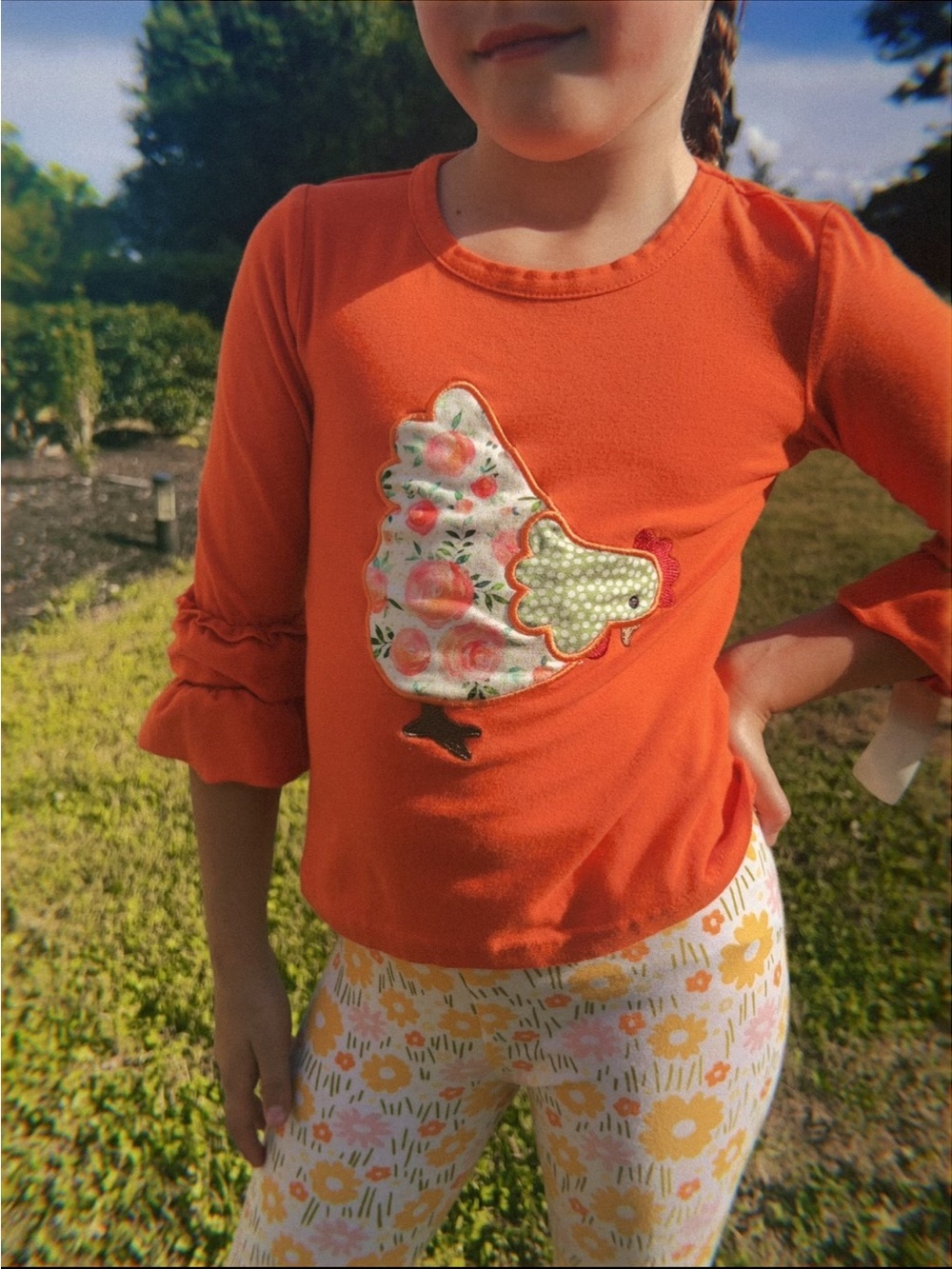 Girls Orange Chicken Applique Long-Sleeve Top